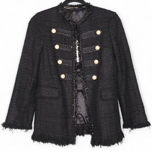 Zara Woman Sz XS Black Tweed Military Pearl Button Open Front Blazer Jacket NWT